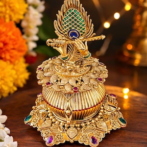 Gold Plated Sindoor Box: Indian Temple Jewelry, Peacock Design