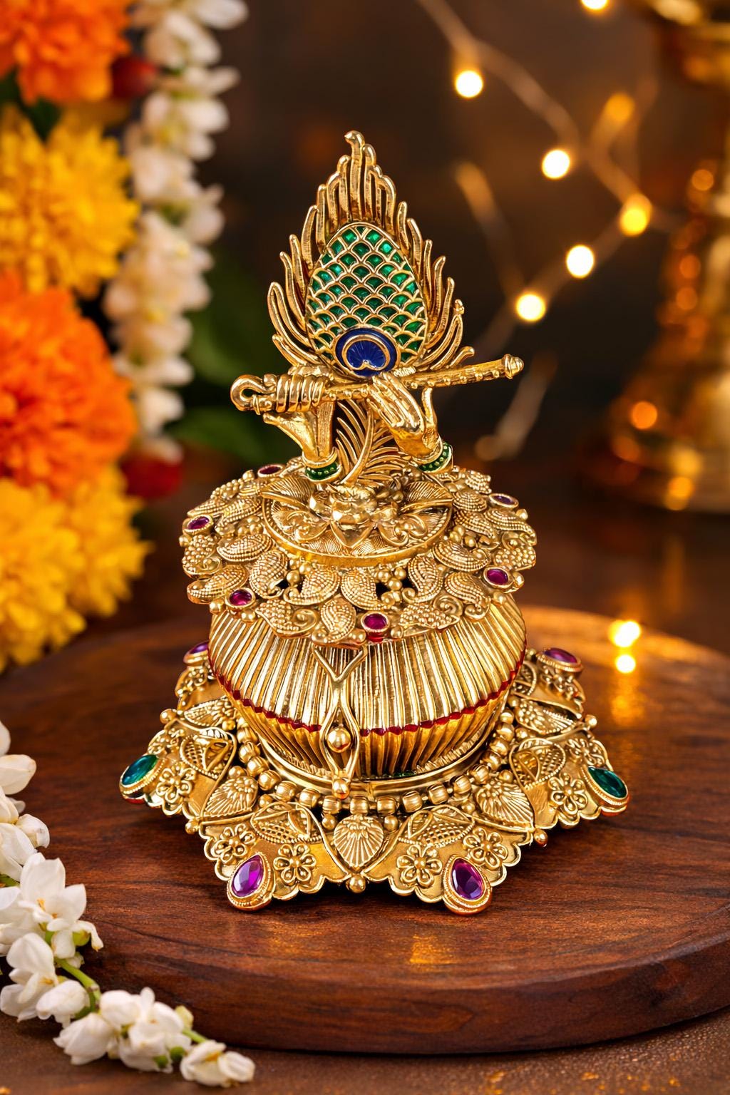 石 置物 水玉 金 essential store vintage conran Gold Plated Sindoor Box: Indian Temple Jewelry, Peacock Design - Etsy