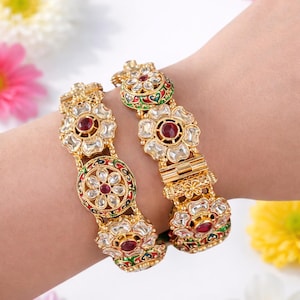Ruby-Green Meenakari and Kundan Bangles: Handcrafted Rajwadi Indian Kada