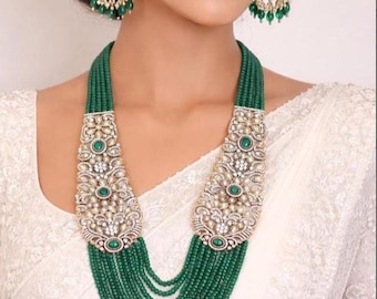 Sabyasachi Inspired Statement Emerald Green Long Haram Set, Maharani Style Long Party Wear Necklace