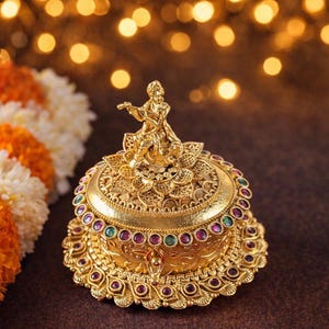 Gold Plated Krishna With flute Sindoor Box: Rajwadi Polish, Sindoor Dibbies