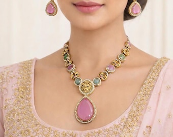 Sabyasachi-inspired Black Rhodium Polish Pink & Mint Necklace Set: Statement Bridal Jewelry