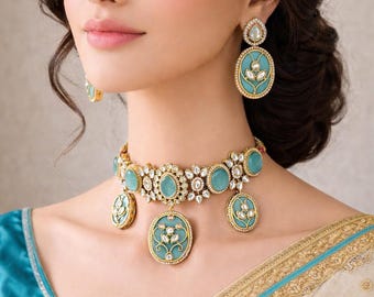 Sabyasachi-inspired Mint Green Kundan Choker Necklace Set, Bridal Lehenga Jewelry, Haldi Mehndi Sangeet Gift