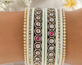 Mint Green Velvet Kundan Bangle Set | Indian Bridal Chudiya | Traditional Wedding Jewelry |  Velvet Churis