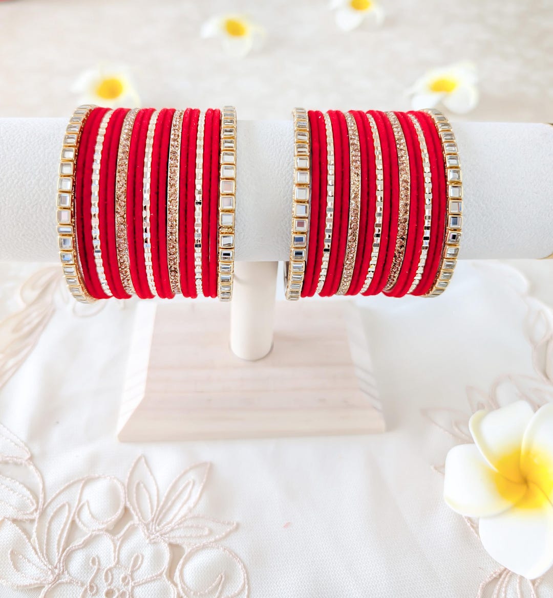Red Velvet Churi Set: Golden Metal & Mirror Indian Bangles (38 Pc) - Etsy