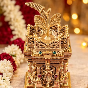 Krishna & Tulsi Sindoor Box | Gold Plated Temple Jewelry| Bridal Kumkum Holder | Traditional Wedding Gift
