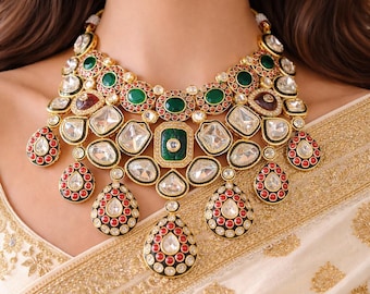 Sabyasachi-inspired Antique Kundan Bridal Necklace set, Wedding Ruby Green Statement Choker, Bollywood Jewelry