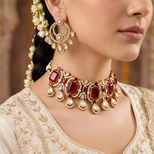 May include: A gold-toned necklace and matching earrings set. The necklace features large, square, red gemstones and smaller clear stones, with teardrop-shaped pearl pendants. The earrings have a similar design with clear stones and pearl drops.