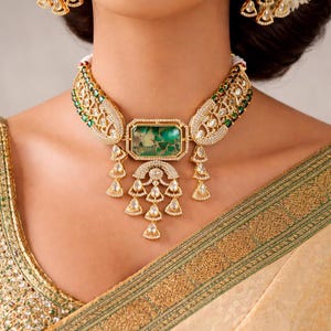 Sabyasachi Inspired Bottle Green Moissanite Polki Choker Set: Kundan Stone & AD Statement Necklace image 1