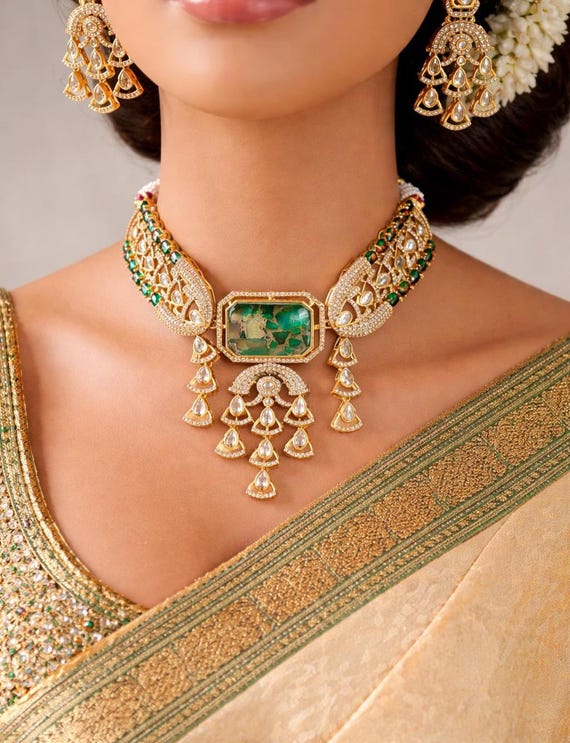 Bottle Green Moissanite Polki Choker Set: Kundan Stone & AD Statement Necklace