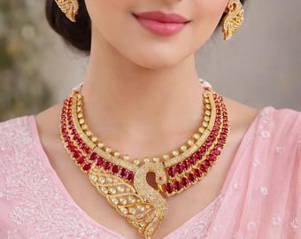 Sabyasachi Inspired Maroon Kundan Peacock Necklace Set: American Diamond Choker