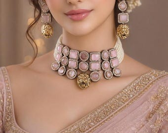 Sabyasachi Inspired Pink Choker Necklace Set, Lion Motif Wedding Necklace, Statement Earrings, Bollywood Jewelry