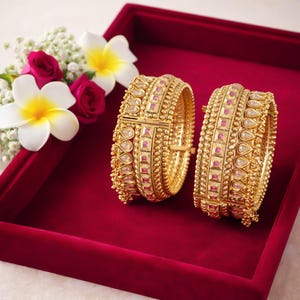 Ruby Stone Kundan Bangles with Ghungroo, Wedding Jewelry, Temple Bracelet, Bollywood Jewelry