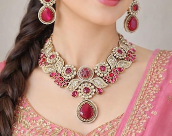 Sabyasachi-inspired Carved Maroon Stone Sabyasachi Statement Necklace Set | Victorian Polish Bridal Choker