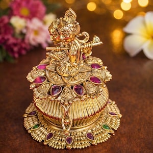 Radha Krishna Sindoor Box: Gold Plated Brass Indian Temple Jewelry