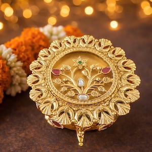 Leaf Design adorned Dual Sindoor Kumkum Box: Gold Plated Indian Temple Jewelry
