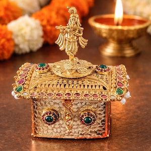 Krishna Playing Flute Dual Sindoor Box: Gold Plated Brass Rajwadi Polish Sindoor Dibbi