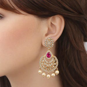 Gold-Toned Ruby Drop Earrings: Cubic Zirconia Party Jewelry