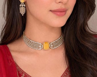Petite Yellow Stone and Zirconia-studded Choker with Matching Earrings | Party Wear and Festive Jewelry