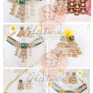 May include: Gold-toned jewelry set featuring a necklace and earrings. The necklace has a central rectangular green stone, surrounded by clear and green accents. The earrings mirror the design. The set is displayed on a white surface.