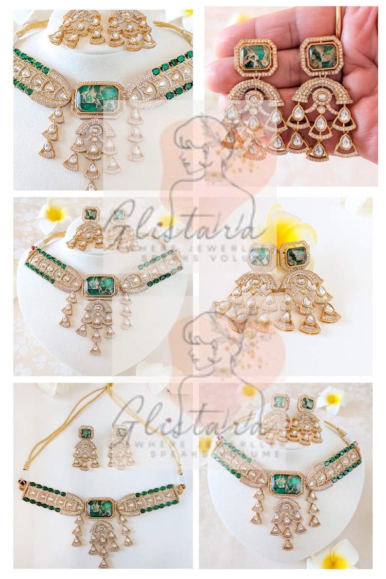 May include: Gold-toned jewelry set featuring a necklace and earrings. The necklace has a central rectangular green stone, surrounded by clear and green accents. The earrings mirror the design. The set is displayed on a white surface.