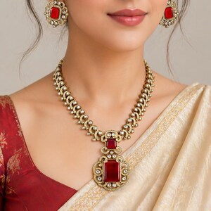 Ruby Red Kundan Necklace Set, Polki Choker Necklace, Traditional Wedding Jewelry for Women