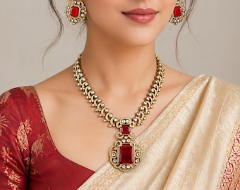 Ruby Red Kundan Necklace Set, Polki Choker Necklace, Traditional Wedding Jewelry for Women