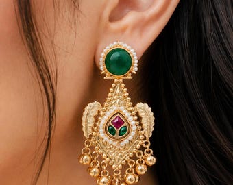Handcrafted Green and Gold Jhumka Earrings | Meenakari Wedding Jewelry | Festive Ethnic Earrings
