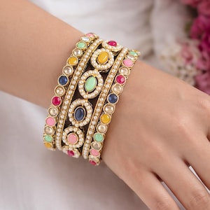 Multicolor Kundan Bracelet Cuff, Statement Bangle, Pearl Meenakari Kada, Ethnic Bridal Jewelry, Wedding Bracelet