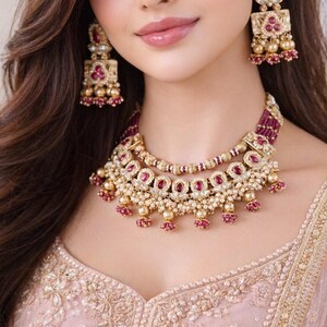 Sabyasachi Inspired Ruby Pink Kundan Necklace Set, Bridal Wedding Jewelry, Jhumka Earrings, Bollywood Jewelry