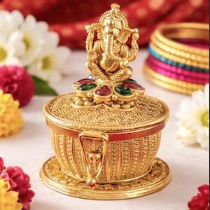 Ganesh Sindoor Box: Gold Polish, Indian Temple Design