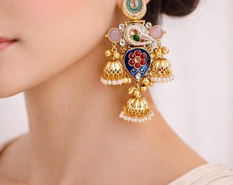 Mehendi polish Meenakari Green Kundan Earrings, Indian Bridal Jewelry, Pearl Jhumkis, Statement Fusion Jewelry