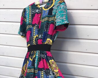 Rainbow dress 1990&#39;s true vintage chinese style statement print St Michael Marks & Spencer cerise pink rose yellow black UK Size 12 US 8