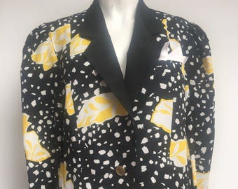 Vintage Jean Claire 1980s bold graphic print Ladies long sleeve shirt blouse fabric fitted formal jacket yellow black Size UK 12 Medium