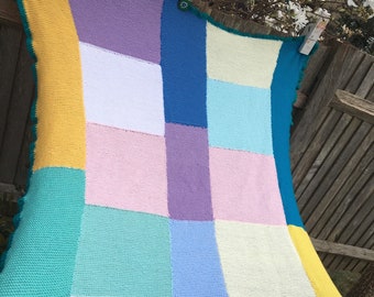 Rainbow color pop Patchwork Knitted Blanket recycled wool pink purple traditional pet home gift hand made sofa lounging chilling 60" x 45"