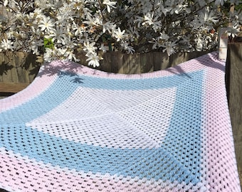 Vintage 1980's baby blue candyfloss pink hand made crochet Knitted chunky knit baby blanket traditional gift throw Size X Large 80" x 80"