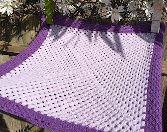 Vintage 1990s soft to the touch chenille lilac & Lavender hand made crochet Knitted knit baby blanket traditional gift Size Small 26&quot; x 27&quot;