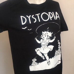 Alt-girl Dystopia Hand Printed gift T-Shirt with Skipping retro Alternative Gothic Girl Goth Bats in black & white Size Small Medium Large image 1