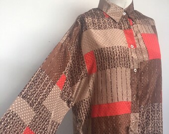 Vintage Ladies 1990s statement red gold spotted loose fit oversized cut bold print Shirt long sleeve blouse top Size UK 12 USA 8 Medium