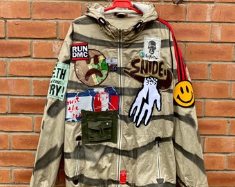 Happy Stripe custom Rave Punk Jacket. Size 3XL. Cotton Fashion culture clash hooded patch cartoon custom sick smiley