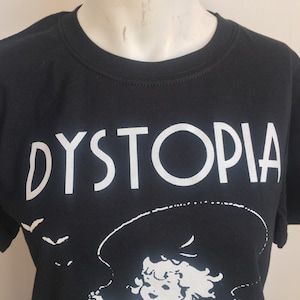 Alt-girl Dystopia Hand Printed gift T-Shirt with Skipping retro Alternative Gothic Girl Goth Bats in black & white Size Small Medium Large image 2