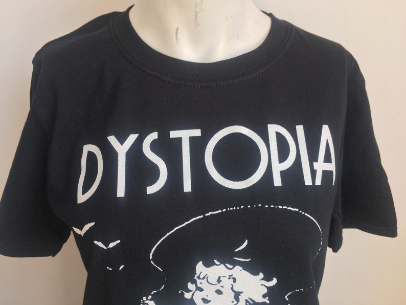Alt-girl Dystopia Hand Printed gift T-Shirt with Skipping retro Alternative Gothic Girl Goth Bats in black & white Size Small Medium Large image 2