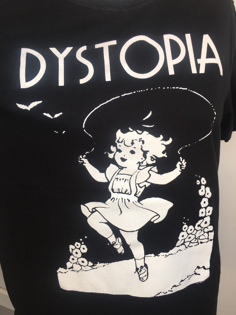 Alt-girl Dystopia Hand Printed gift T-Shirt with Skipping retro Alternative Gothic Girl Goth Bats in black & white Size Small Medium Large image 3
