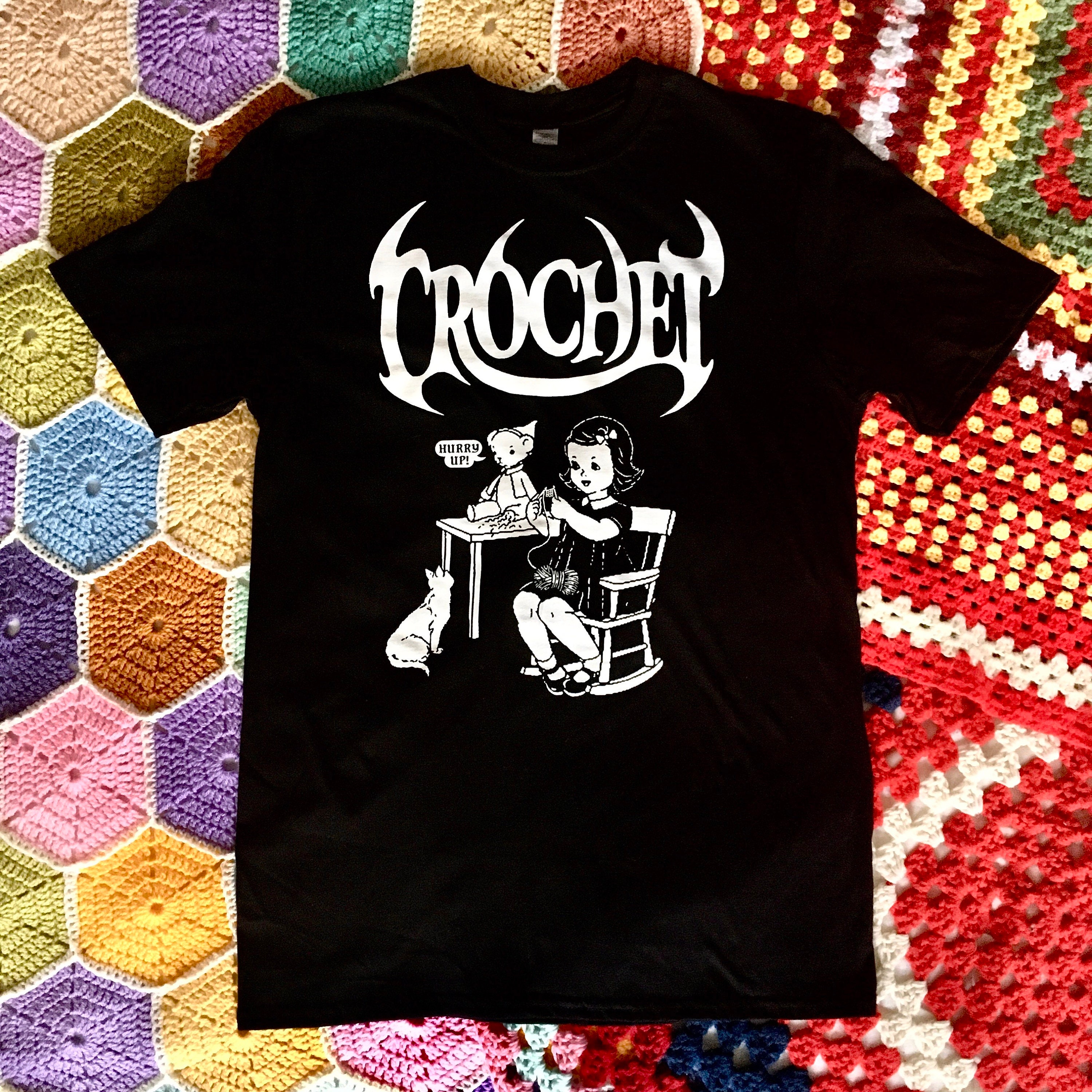 Crochet. Hand Printed Unisex T-shirt. Rock Metal Goth Alt