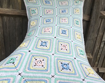 Vintage 1980s Sofa Throw Crochet Blanket Patchwork hand made crocheted Baby Pram Cot Bed New Home furnishing reuse recycle gift 32&quot; x 57&quot;