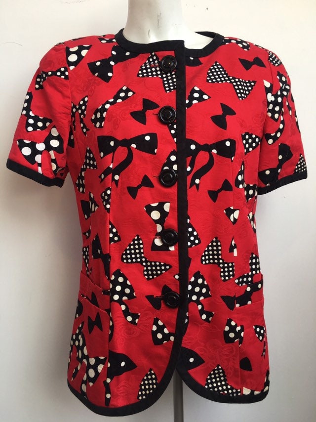 Vintage 1980s bright red short sleeves jacket spotty bows Jacket Wedding guest party made by David Warren New York Size UK Size 14 US 10