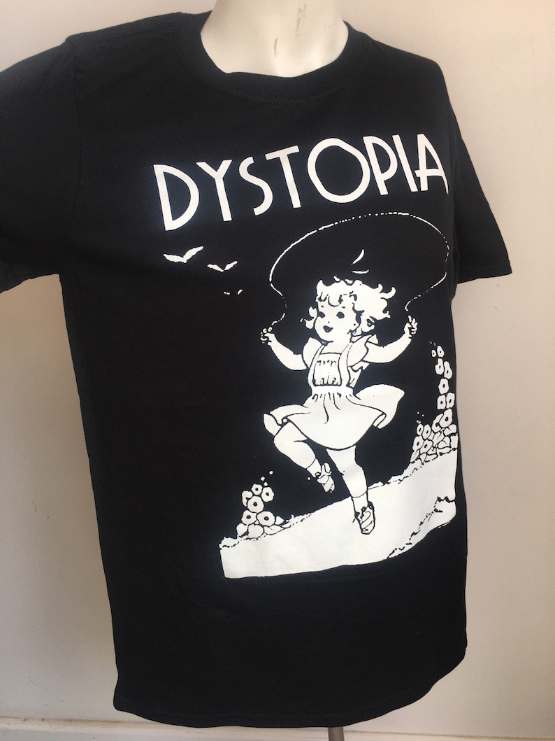 Alt-girl Dystopia Hand Printed gift T-Shirt with Skipping retro Alternative Gothic Girl Goth Bats in black & white Size Small Medium Large image 1