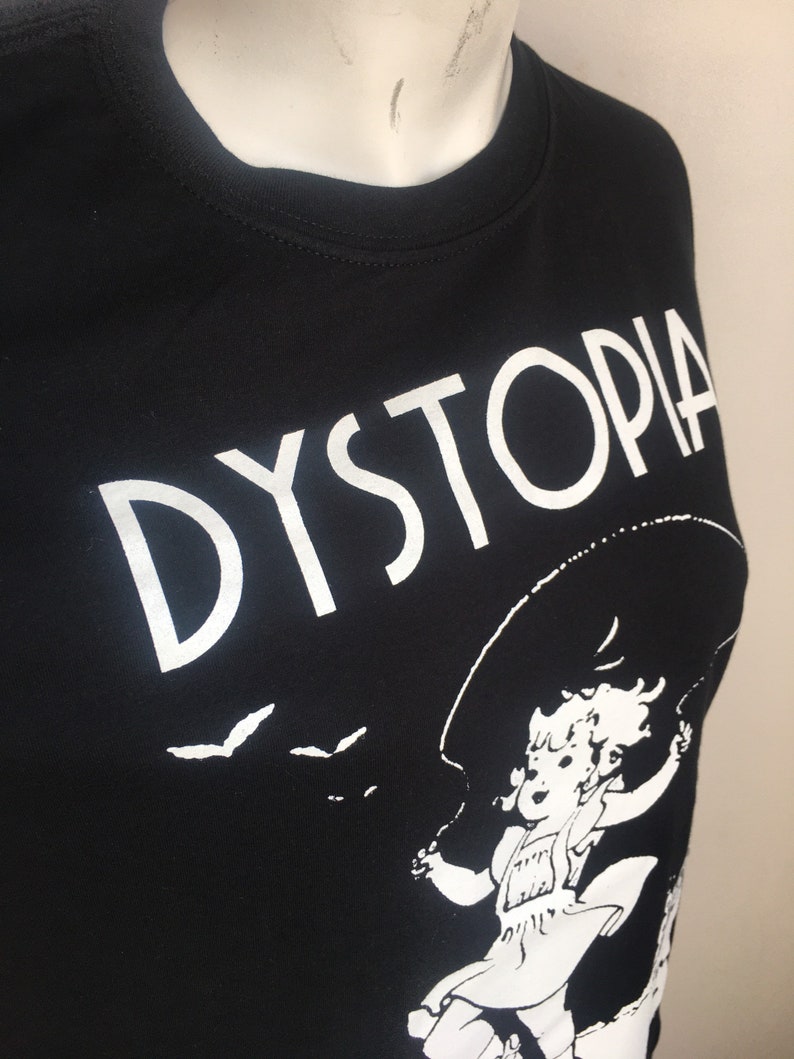 Alt-girl Dystopia Hand Printed gift T-Shirt with Skipping retro Alternative Gothic Girl Goth Bats in black & white Size Small Medium Large image 7