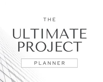 Puede incluir: Una imagen en blanco y negro de un edificio moderno con un patrón de cuadrícula. El texto "THE ULTIMATE PROJECT PLANNER" se superpone a la imagen.