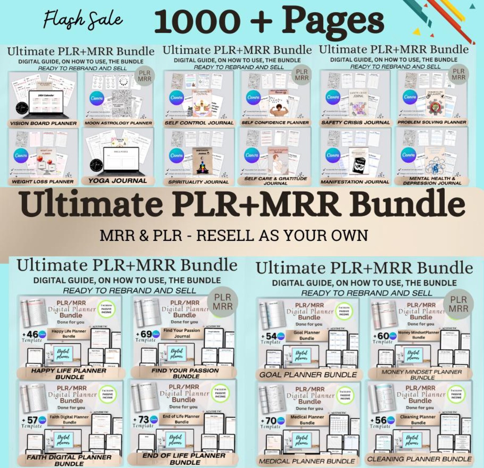 1000+ Pages PLR Canva Template Bundle, Canva PLR Templates, Planners